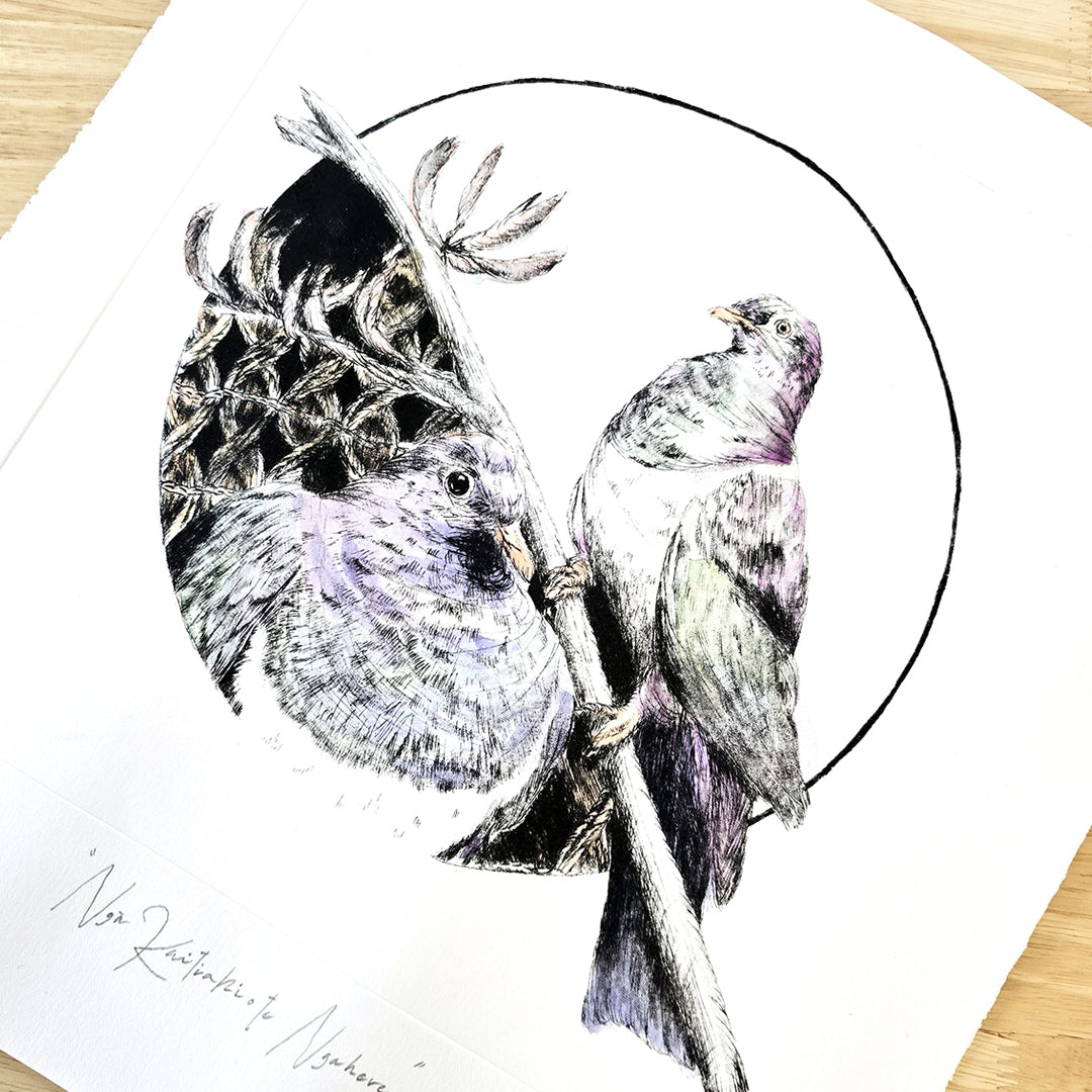 NGĀ KAITIAKI O TE NGAHERE - Ltd Edition Dry Point Etching Print + Watercolour