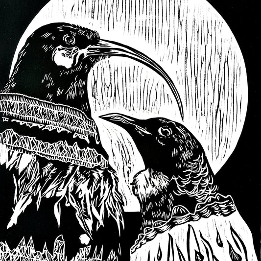 Tui and Huia - Limited Edition Lino Print