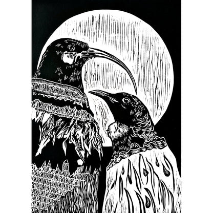 Tui and Huia - Limited Edition Lino Print