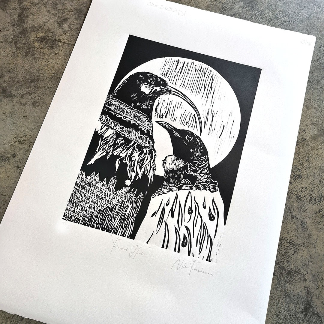 Tui and Huia - Limited Edition Lino Print