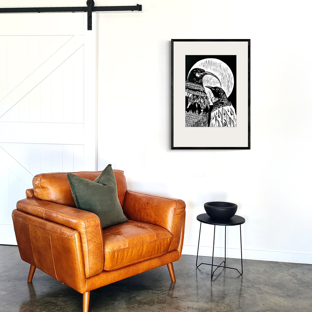 Tui and Huia - Limited Edition Lino Print